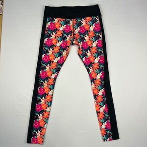 Lorna Jane LJ Black Floral Mesh Panel Leggings Women Small Tropical Workout Pant